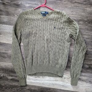Polo Ralph Lauren Green Cable Knit V-Neck Sweater MEDIUM